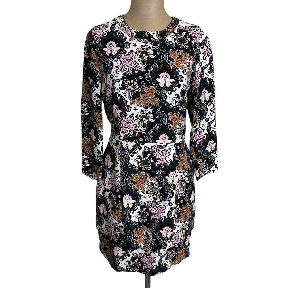 A.L.C. Mini Dress Silk Abstract Pink Brown Floral Long Sleeve